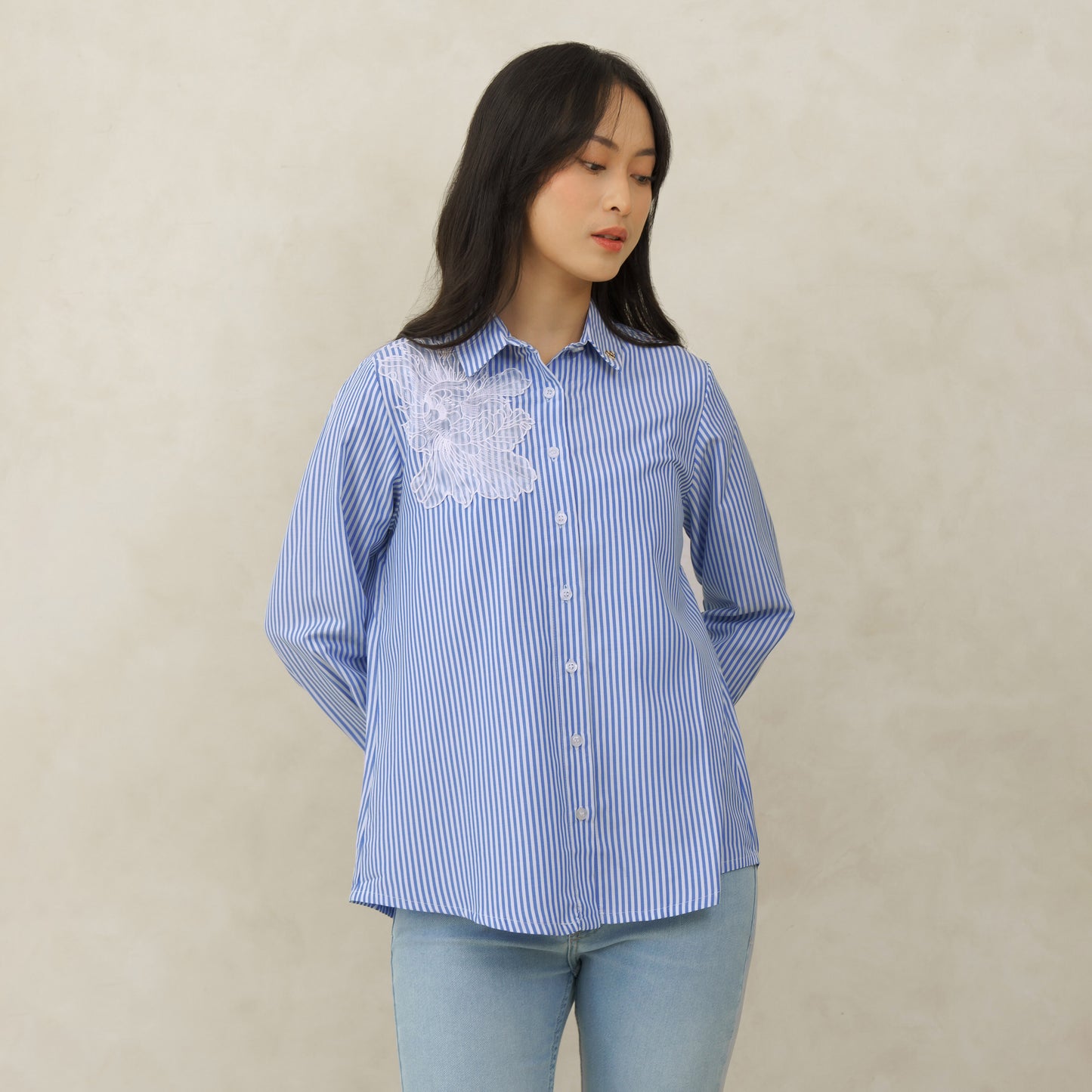 Momelca Calla Flower Blue Stripe Shirt Blouse
