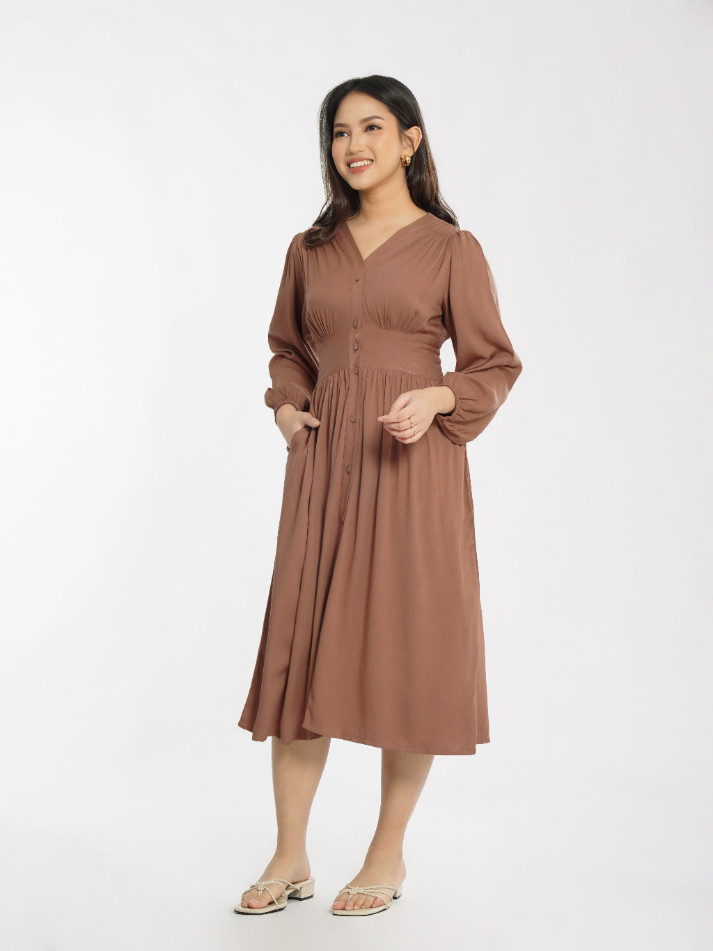Momelca - Jollie Long Sleeve Midi Twill Dress Wanita