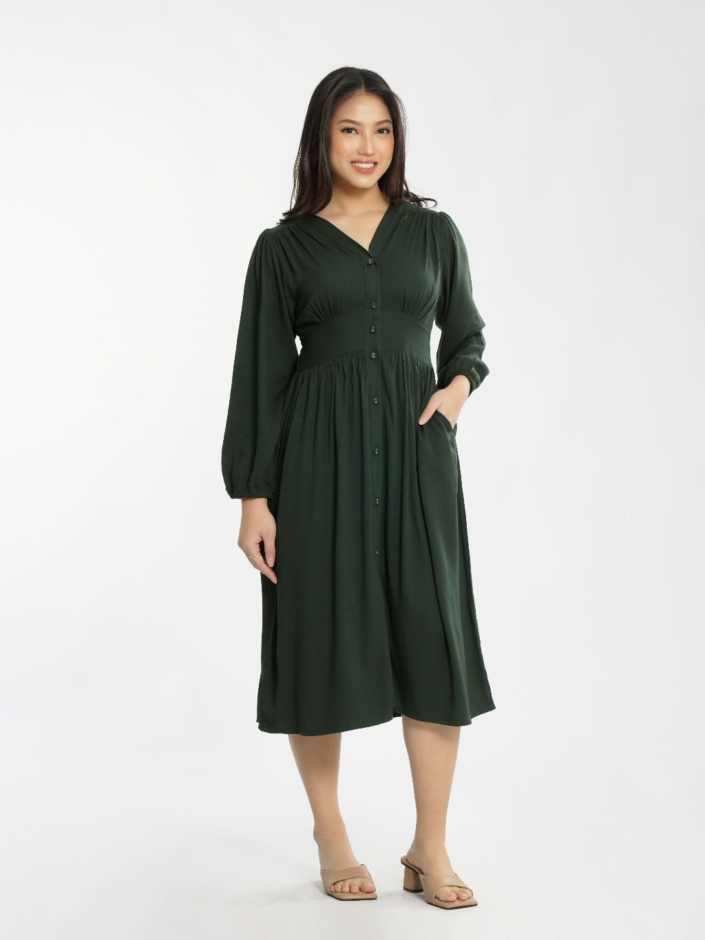 Momelca - Jollie Long Sleeve Midi Twill Dress Wanita