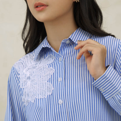 Momelca Calla Flower Blue Shirt Blouse Wanita Casual & Chic