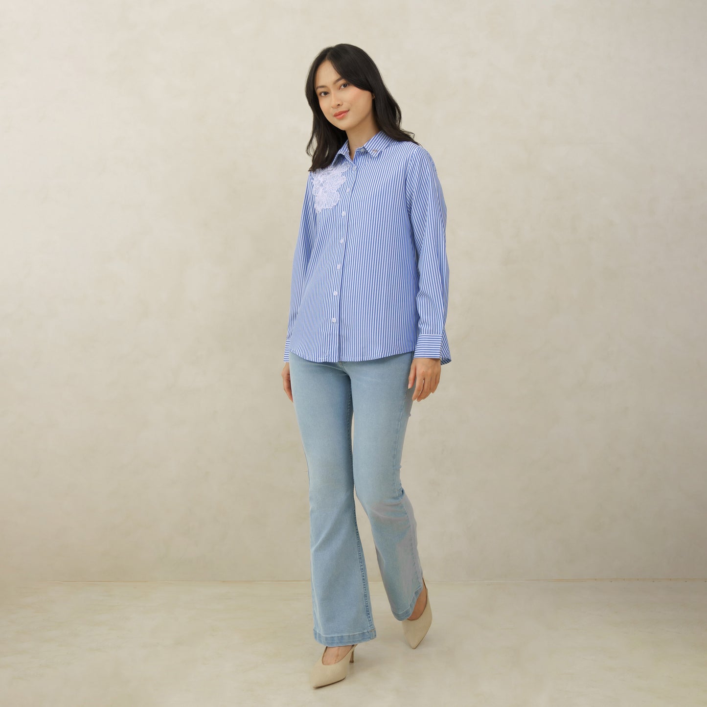 Momelca Calla Flower Blue Shirt Blouse Wanita Casual & Chic