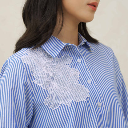 Momelca Calla Flower Blue Shirt Blouse Wanita Casual & Chic