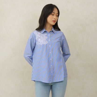 Momelca Calla Flower Blue Shirt Blouse Wanita Casual & Chic